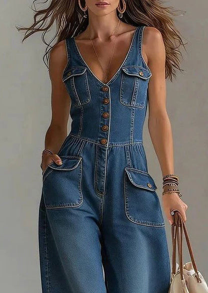 Modern Blue V Neck Denim Jumpsuit Wide Leg Pants Summer