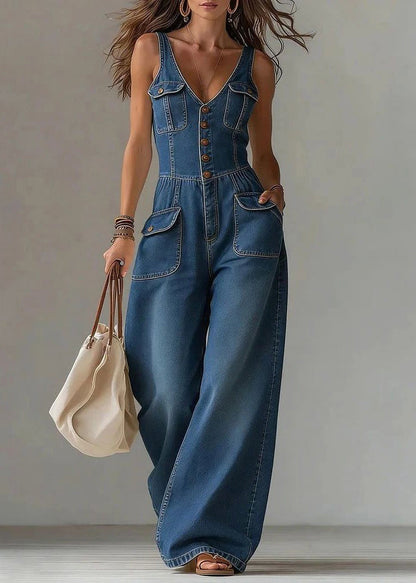 Modern Blue V Neck Denim Jumpsuit Wide Leg Pants Summer