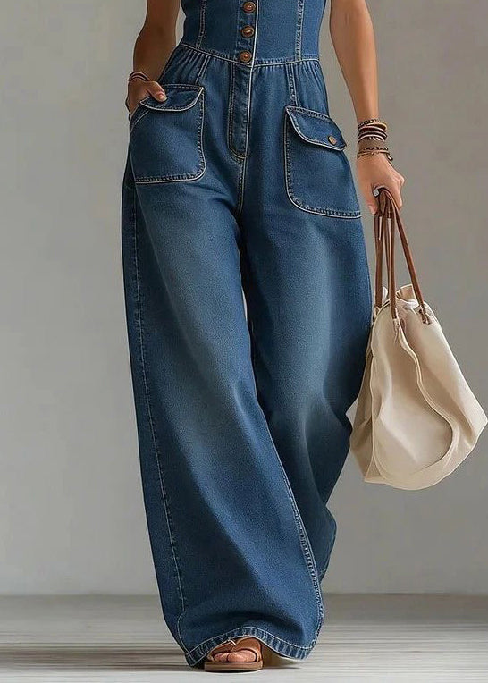 Modern Blue V Neck Denim Jumpsuit Wide Leg Pants Summer