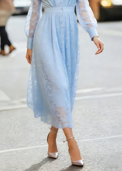 Modern Blue V Neck High Waist Lace Maxi Dress Lantern Sleeve
