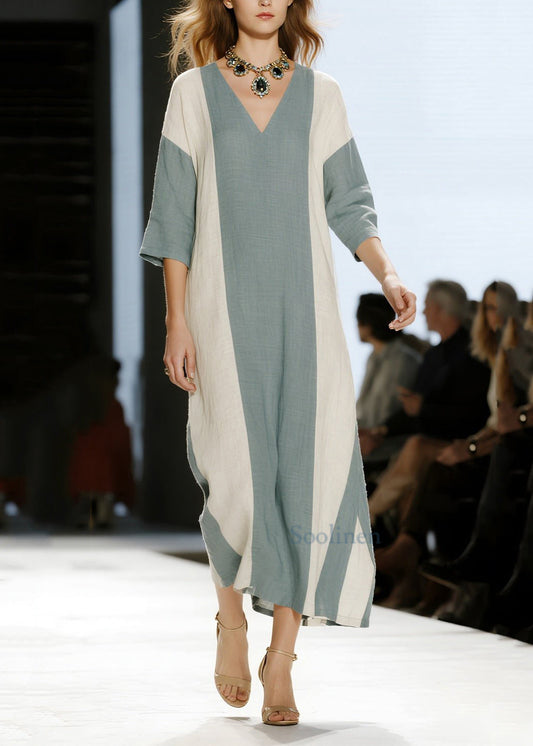 Modern Blue V Neck Patchwork Cotton Maxi Dress Half Sleeve