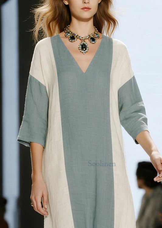 Modern Blue V Neck Patchwork Cotton Maxi Dress Half Sleeve