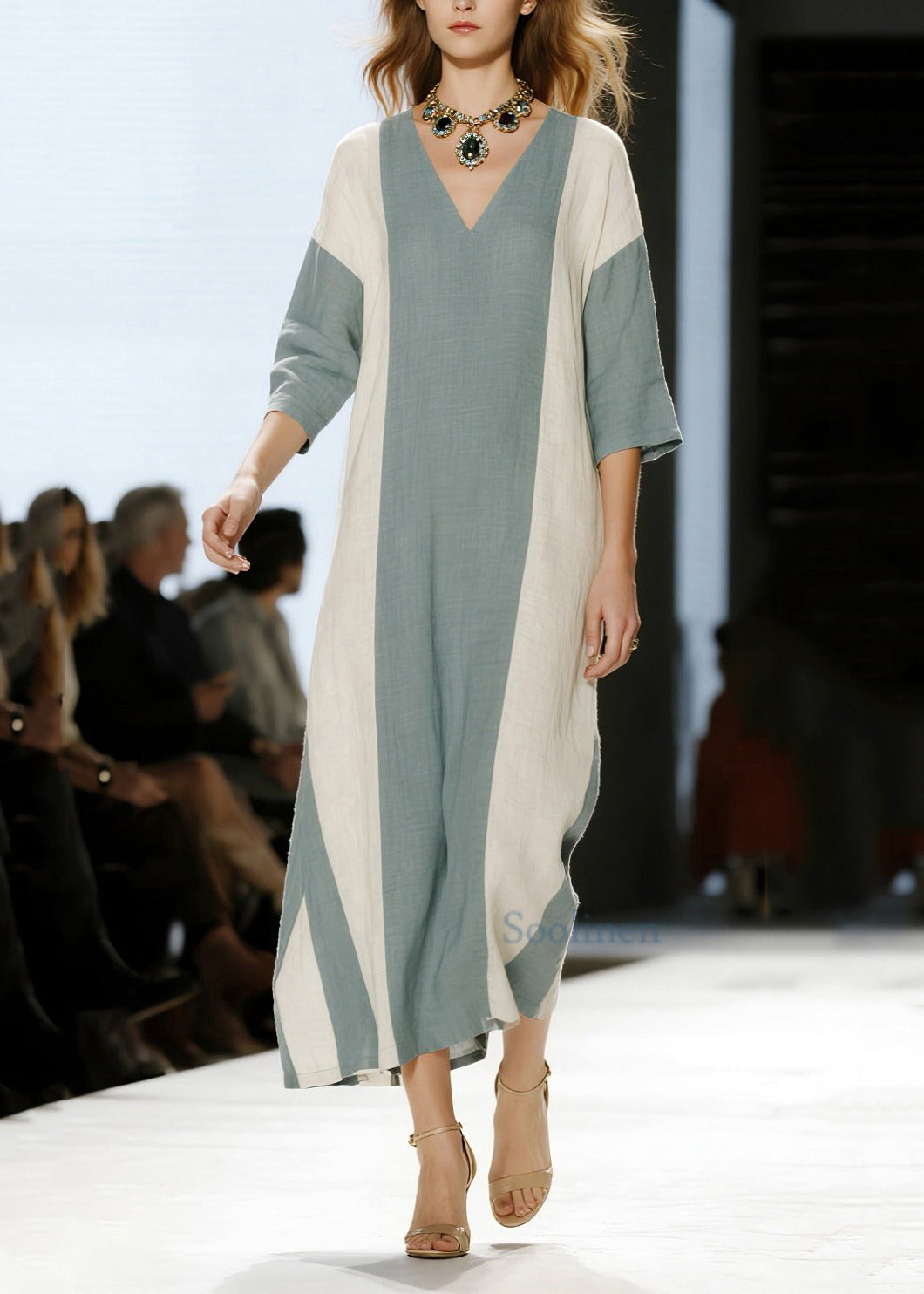 Modern Blue V Neck Patchwork Cotton Maxi Dress Half Sleeve