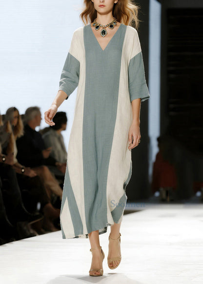 Modern Blue V Neck Patchwork Cotton Maxi Dress Half Sleeve