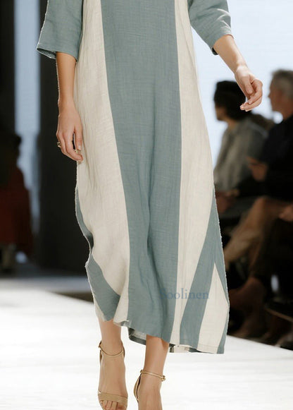 Modern Blue V Neck Patchwork Cotton Maxi Dress Half Sleeve