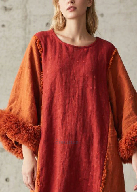 Modern Brick Red Oversized Patchwork Faux Fur Maxi Dress Fall