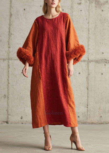 Modern Brick Red Oversized Patchwork Faux Fur Maxi Dress Fall