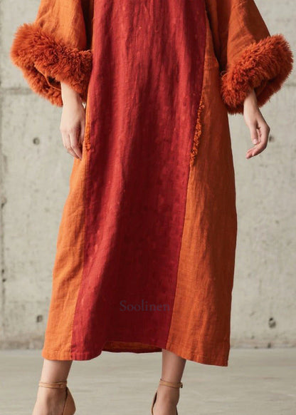 Modern Brick Red Oversized Patchwork Faux Fur Maxi Dress Fall