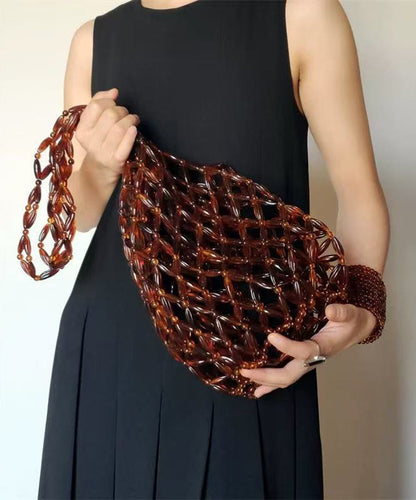 Modern Brown Beaded Woven Cut Out Shoulder Bag