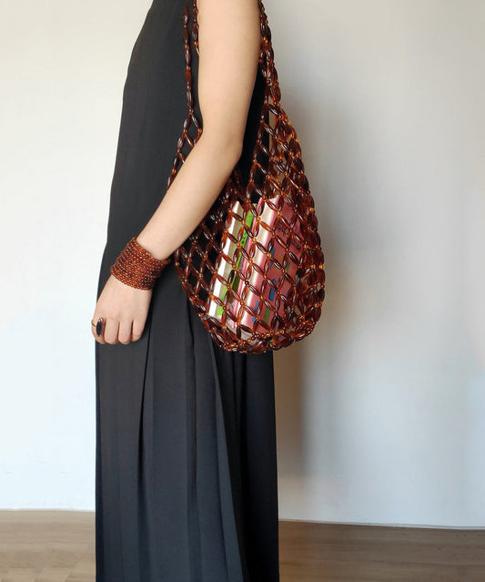 Modern Brown Beaded Woven Cut Out Shoulder Bag