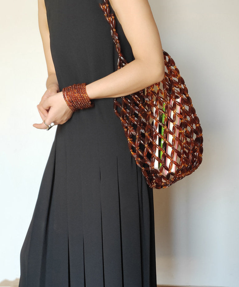 Modern Brown Beaded Woven Cut Out Shoulder Bag