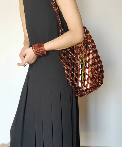 Modern Brown Beaded Woven Cut Out Shoulder Bag