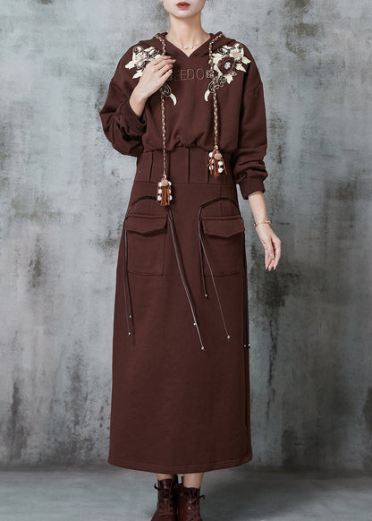 Modern Brown Embroidered Floral Cotton Sweatshirt Dress Spring