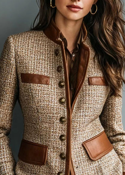 Modern Brown Faux Leather Patchwork Cotton Coats Fall