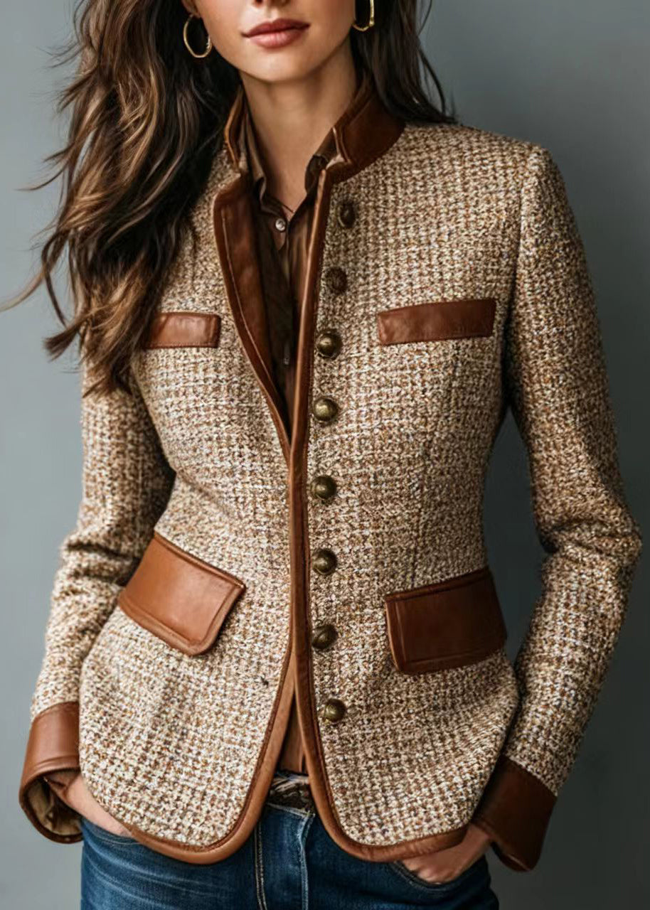 Modern Brown Faux Leather Patchwork Cotton Coats Fall