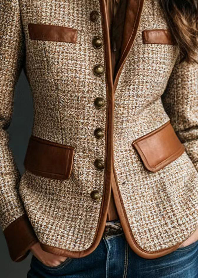 Modern Brown Faux Leather Patchwork Cotton Coats Fall