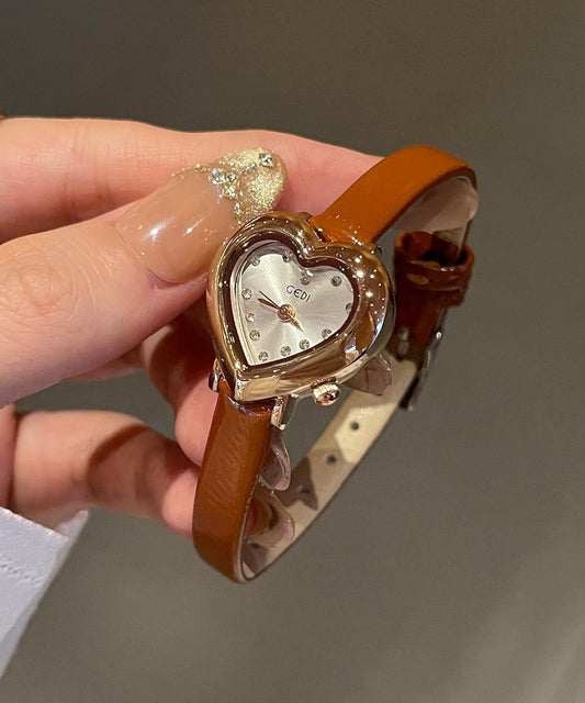 Modern Brown Leather Patchwork Zircon Heart-Shaped Watches