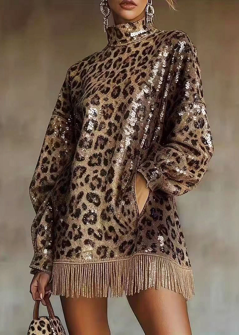 Modern Brown Leopard Hign Neck Sequins Tassel Dresses Fall