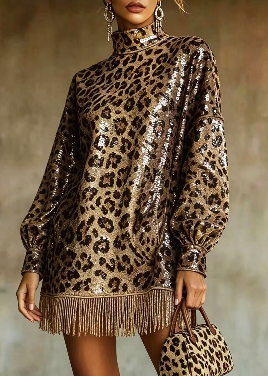 Modern Brown Leopard Hign Neck Sequins Tassel Dresses Fall