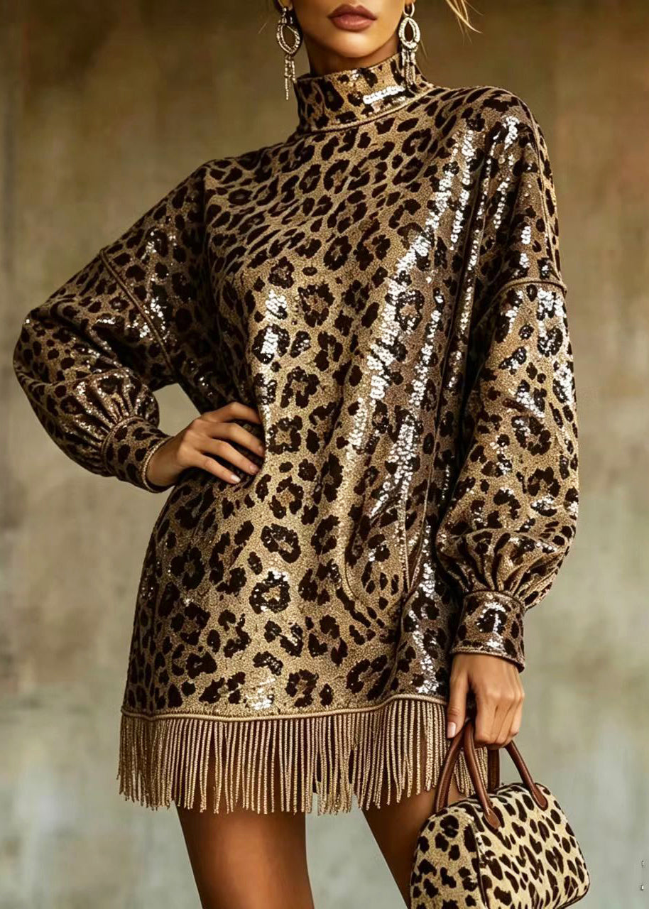 Modern Brown Leopard Hign Neck Sequins Tassel Dresses Fall