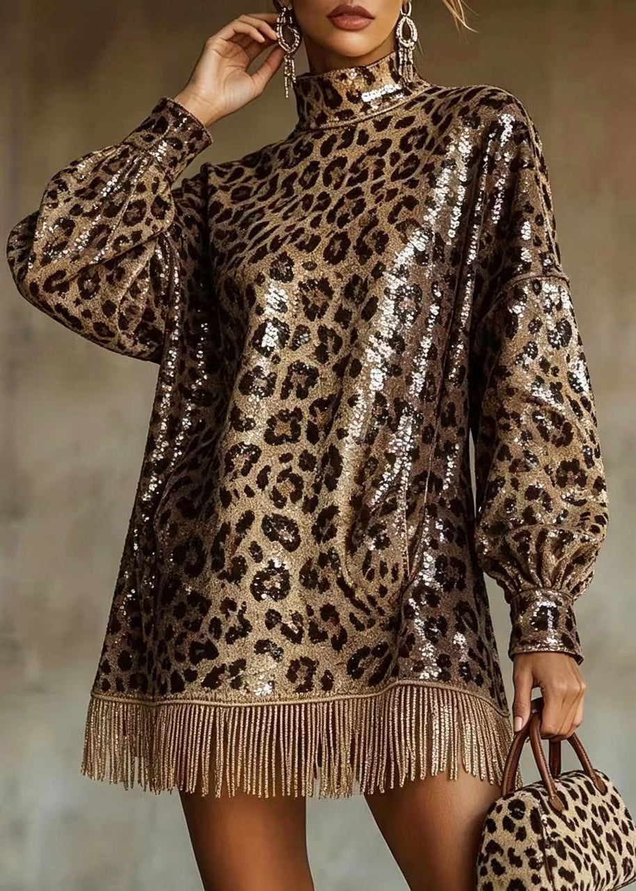 Modern Brown Leopard Hign Neck Sequins Tassel Dresses Fall