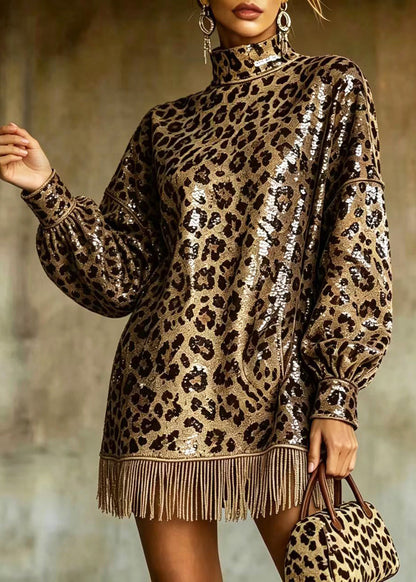 Modern Brown Leopard Hign Neck Sequins Tassel Dresses Fall