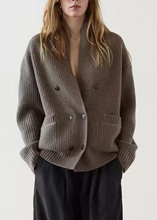 Modern Brown Notched Patchwork Knit Cardigans Spring