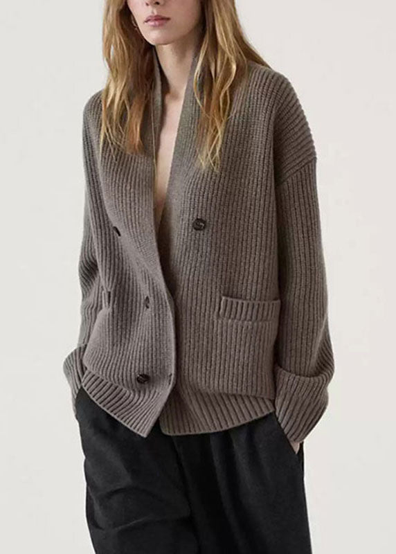 Modern Brown Notched Patchwork Knit Cardigans Spring