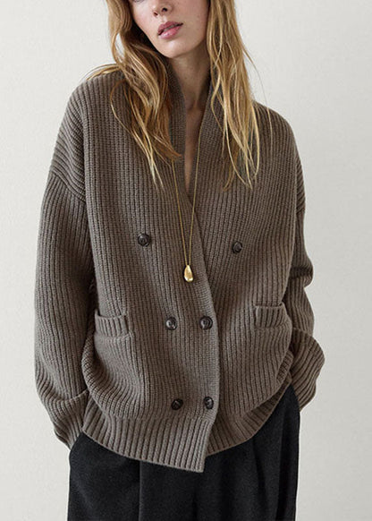 Modern Brown Notched Patchwork Knit Cardigans Spring