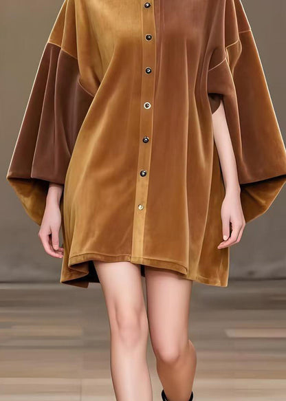 Modern Brown Oversized Corduroy Minin Dress Lantern Sleeve