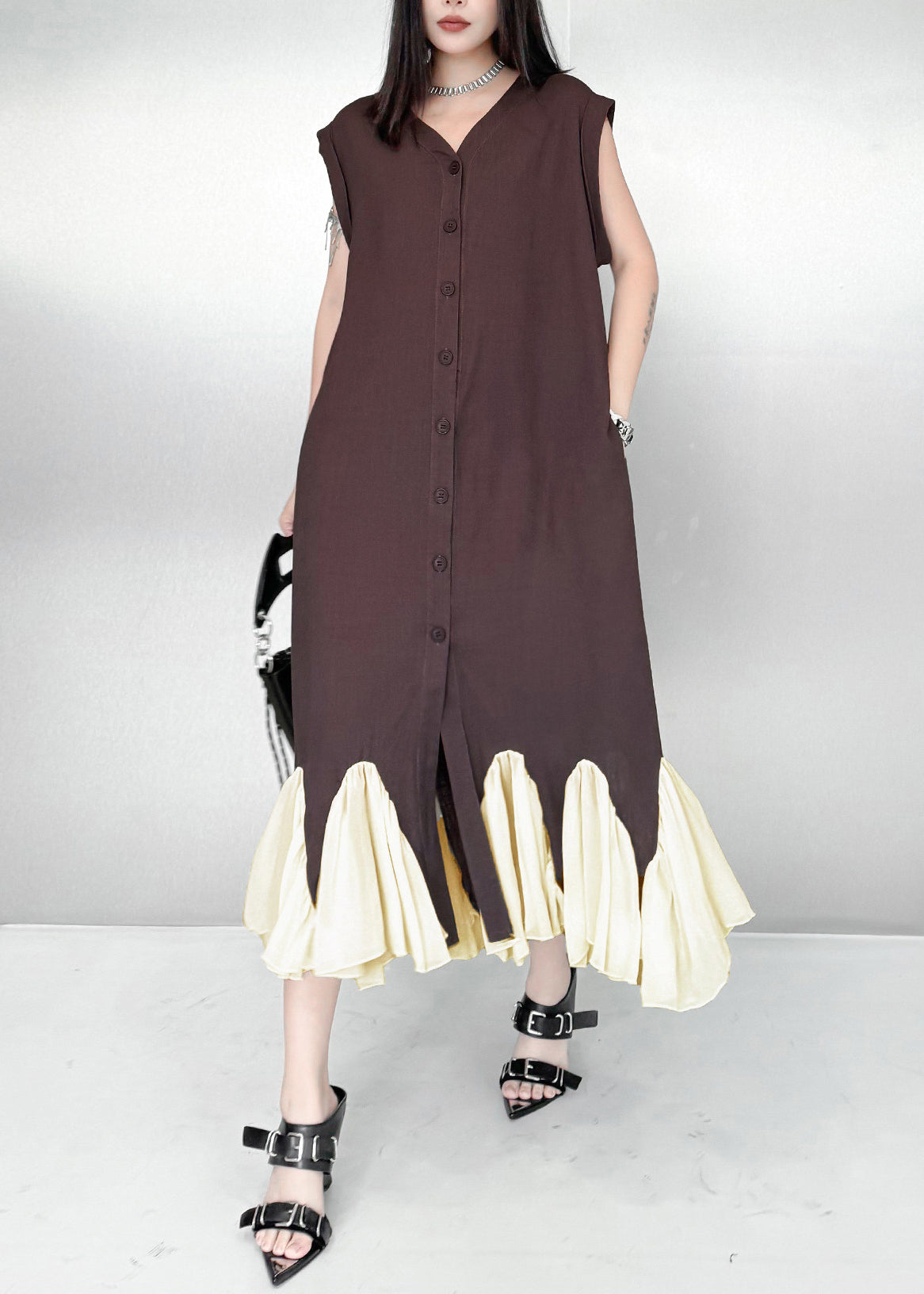 Modern Brown Oversized Patchwork Cotton Dresses Sleeveless