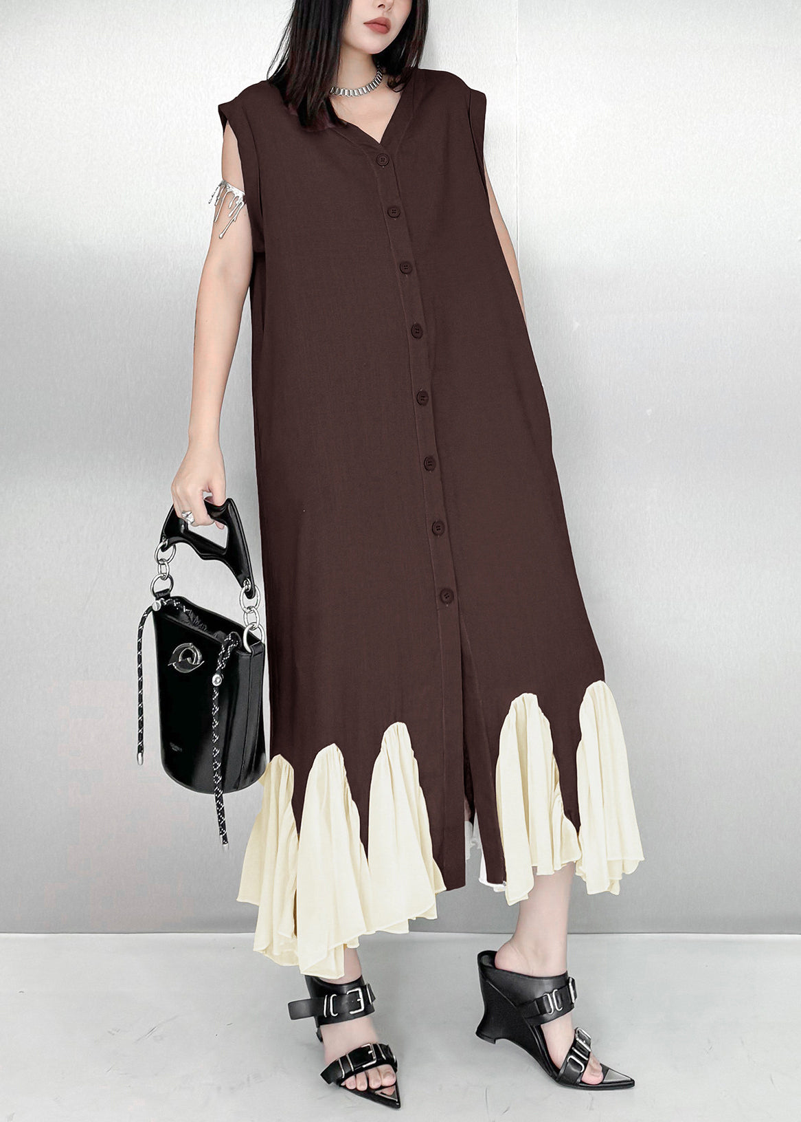 Modern Brown Oversized Patchwork Cotton Dresses Sleeveless
