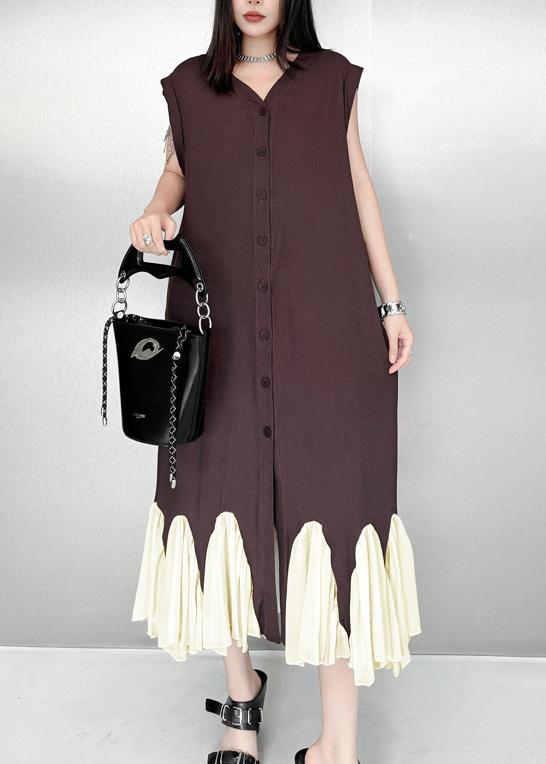 Modern Brown Oversized Patchwork Cotton Dresses Sleeveless