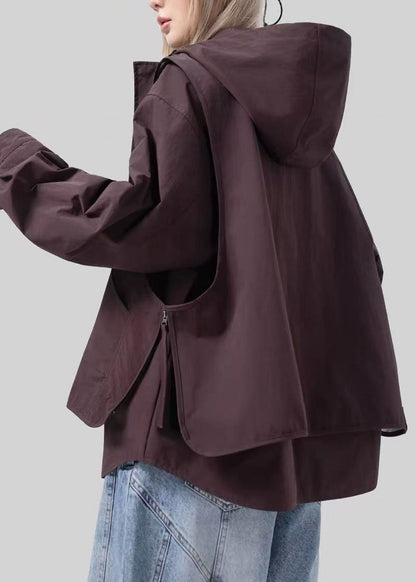 Modern Brown Oversized Patchwork Cotton Trench Coats Fall