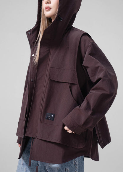 Modern Brown Oversized Patchwork Cotton Trench Coats Fall