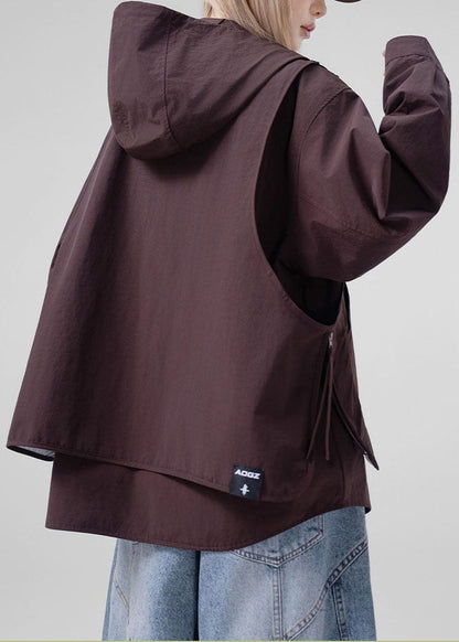 Modern Brown Oversized Patchwork Cotton Trench Coats Fall