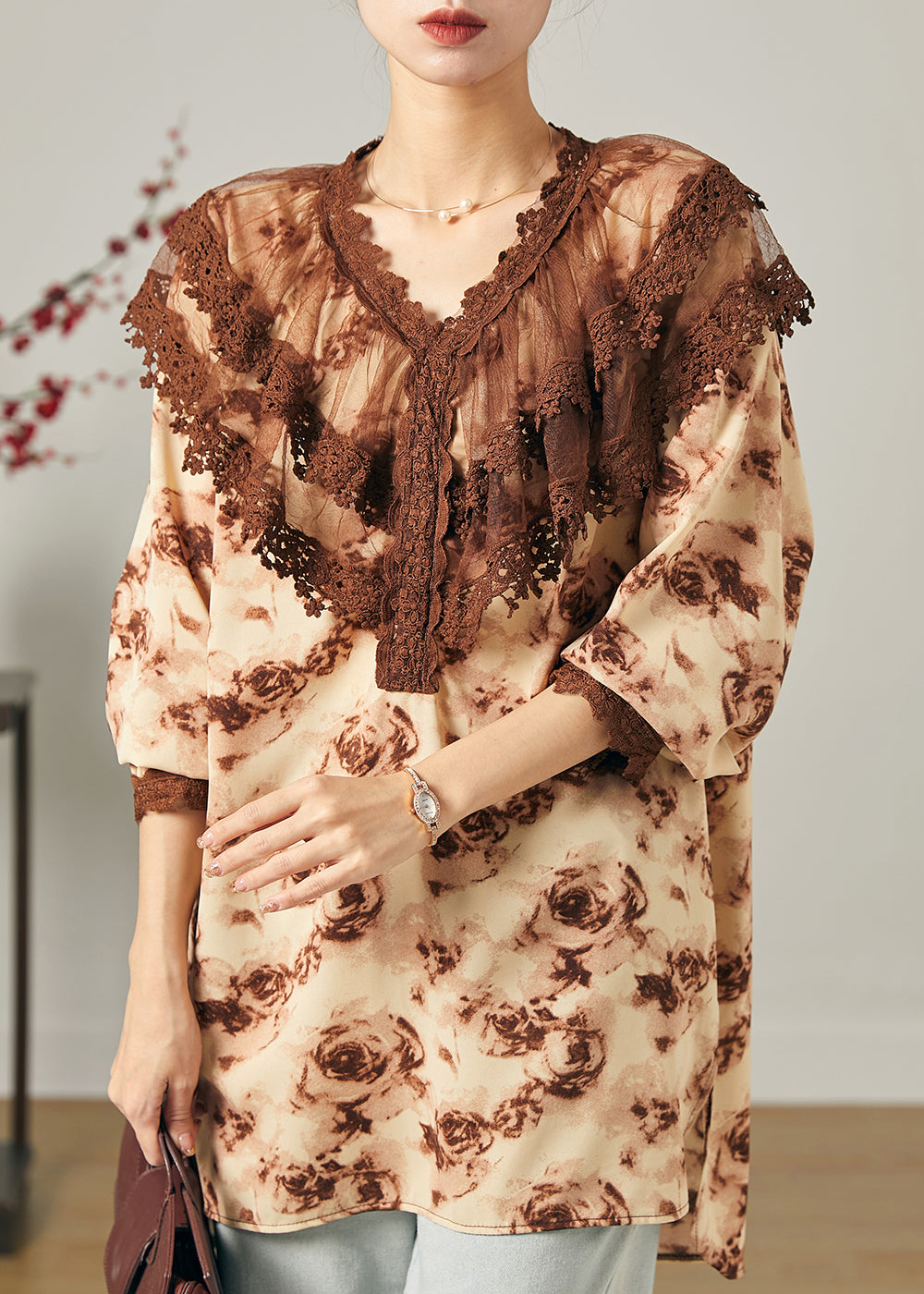 Modern Brown Peter Pan Collar Tie Dye Chiffon Shirts Spring