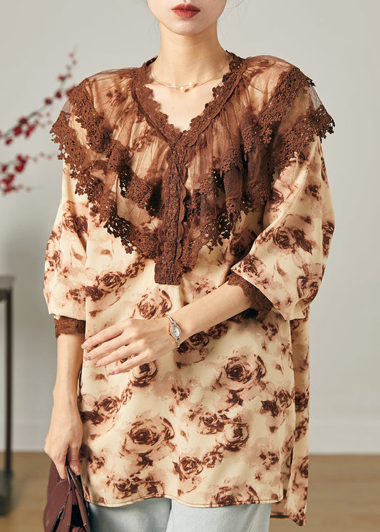 Modern Brown Peter Pan Collar Tie Dye Chiffon Shirts Spring