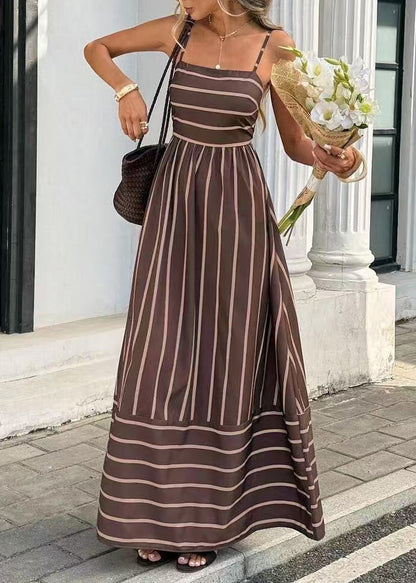 Modern Brown Striped Exra Large Hem Cotton Dress Summer