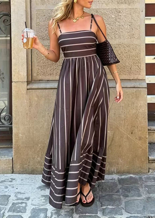Modern Brown Striped Exra Large Hem Cotton Dress Summer