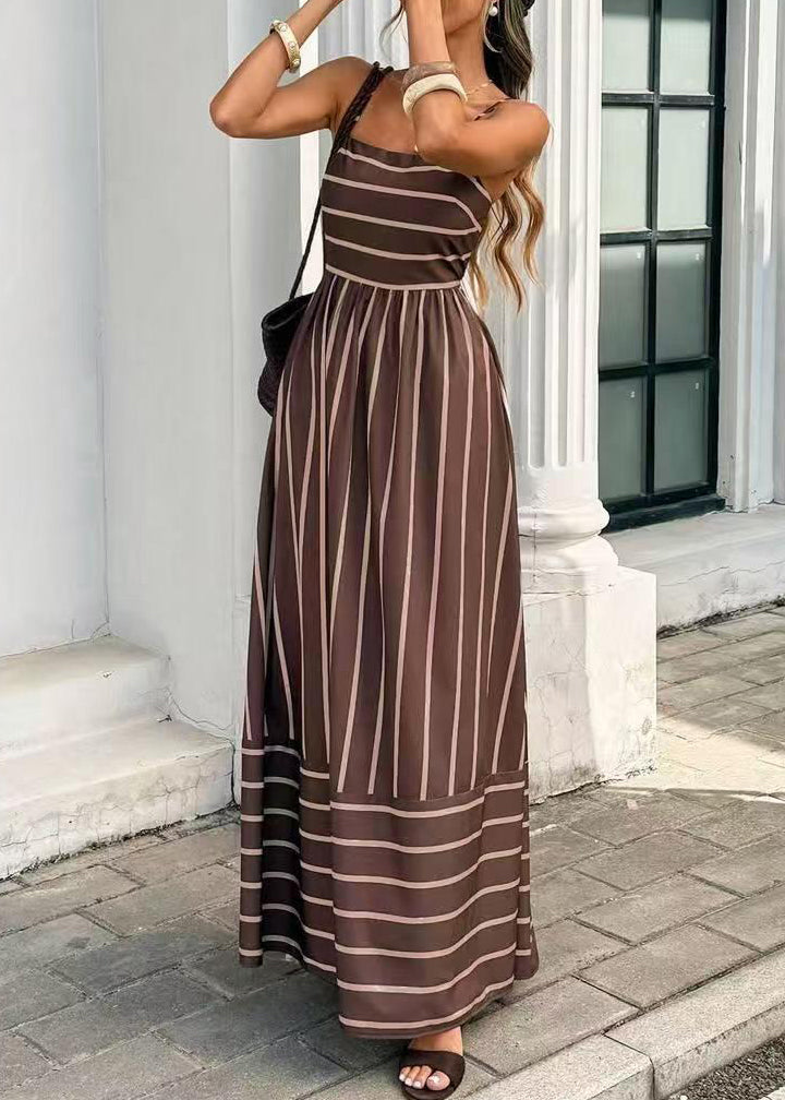 Modern Brown Striped Exra Large Hem Cotton Dress Summer