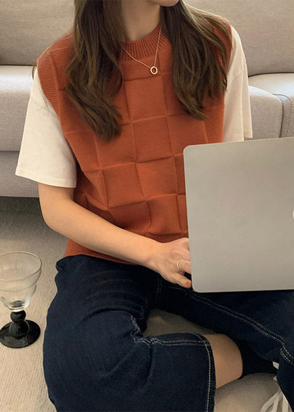Modern Caramel O Neck Plaid Knit Vest Tops Sleeveless