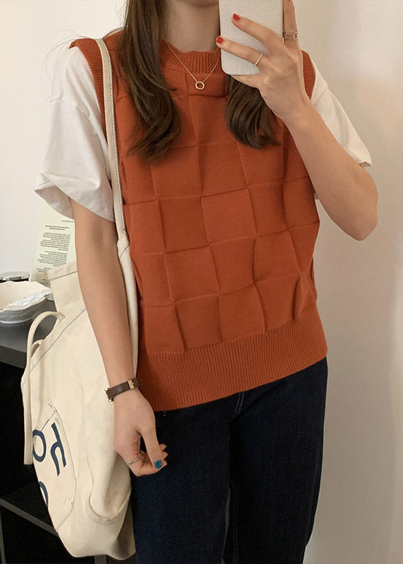 Modern Caramel O Neck Plaid Knit Vest Tops Sleeveless