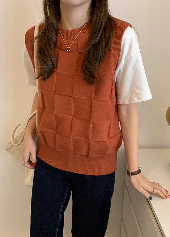 Modern Caramel O Neck Plaid Knit Vest Tops Sleeveless