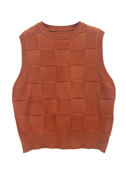Modern Caramel O Neck Plaid Knit Vest Tops Sleeveless