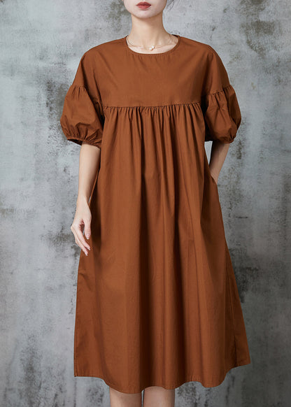 Modern Caramel Puff Sleeve Patchwork Cotton Dresses Summer