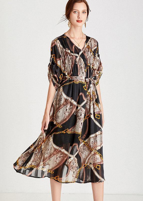 Modern Chains Black Tie Waist A Line Fall Chiffon Half Sleeve Vacation Dress - SooLinen