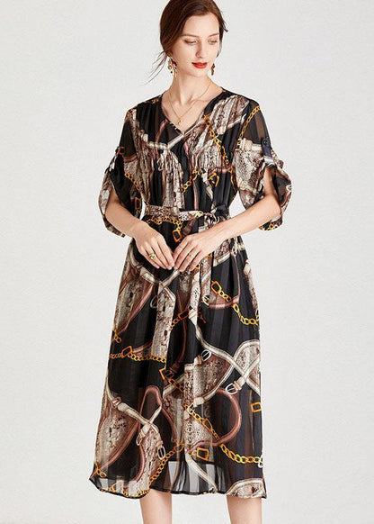 Modern Chains Black Tie Waist A Line Fall Chiffon Half Sleeve Vacation Dress - SooLinen