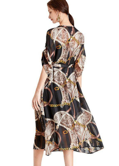 Modern Chains Black Tie Waist A Line Fall Chiffon Half Sleeve Vacation Dress - SooLinen