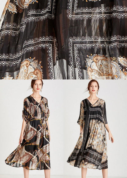 Modern Chains Black Tie Waist A Line Fall Chiffon Half Sleeve Vacation Dress - SooLinen